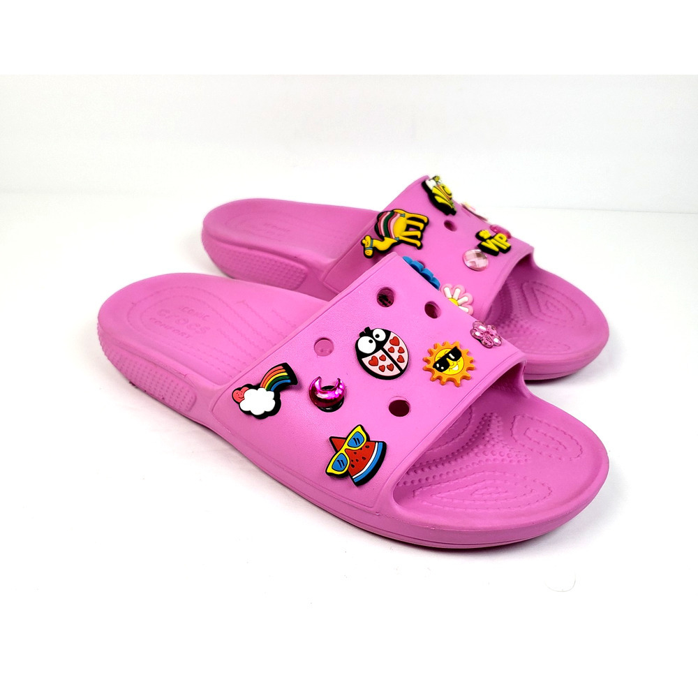 Crocs Classic Womens Size 10 Pink Slip On With Charms Slide Sandals 206121